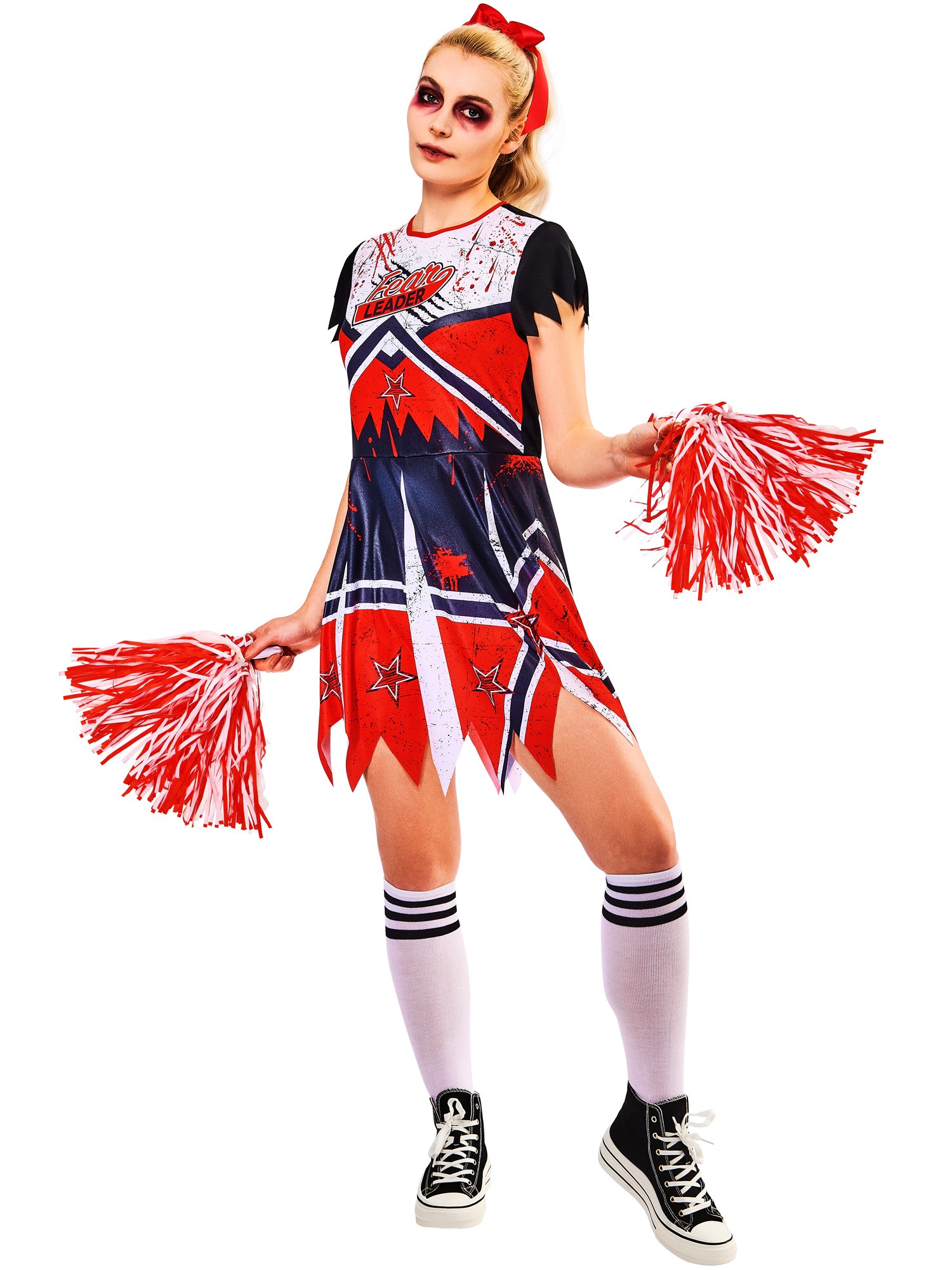 Zombie Cheerleader Adult Dress Costume with Pom Poms 1