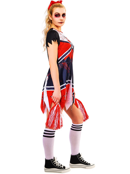 Zombie Cheerleader Adult Dress Costume with Pom Poms 3