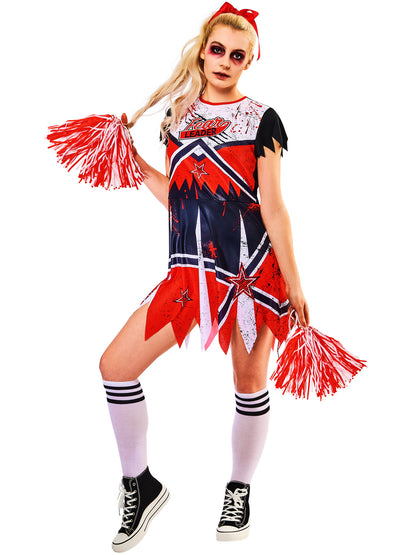 Zombie Cheerleader Adult Dress Costume with Pom Poms 5