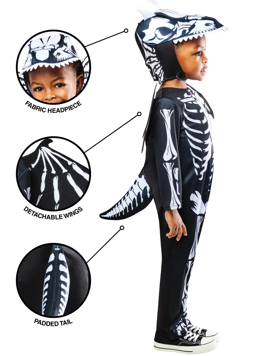 Skeleton Dragon Costume for Kids Jumpsuit Headpiece Wings Tail