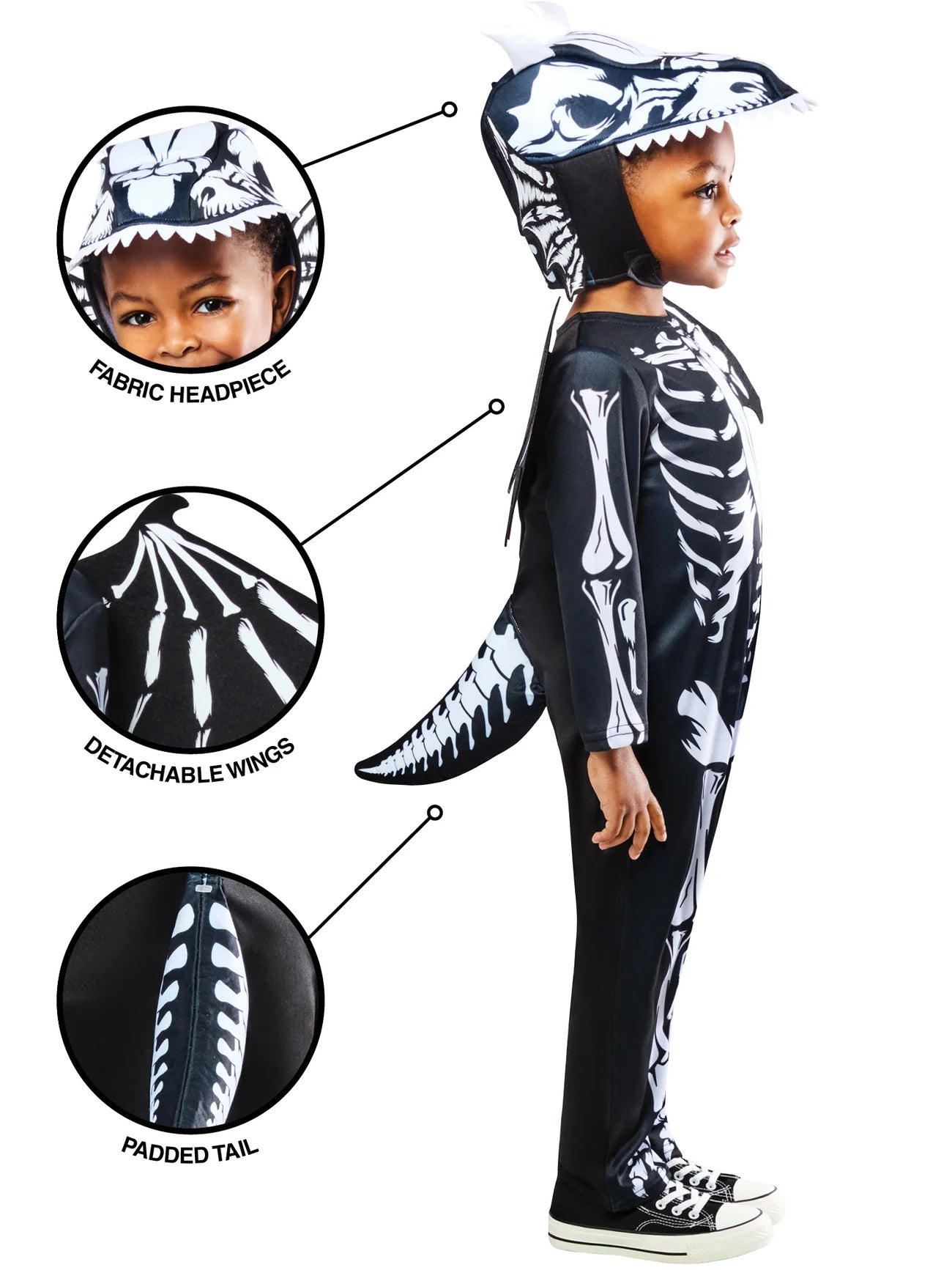 Skeleton Dragon Costume for Kids Jumpsuit Headpiece Wings Tail 6