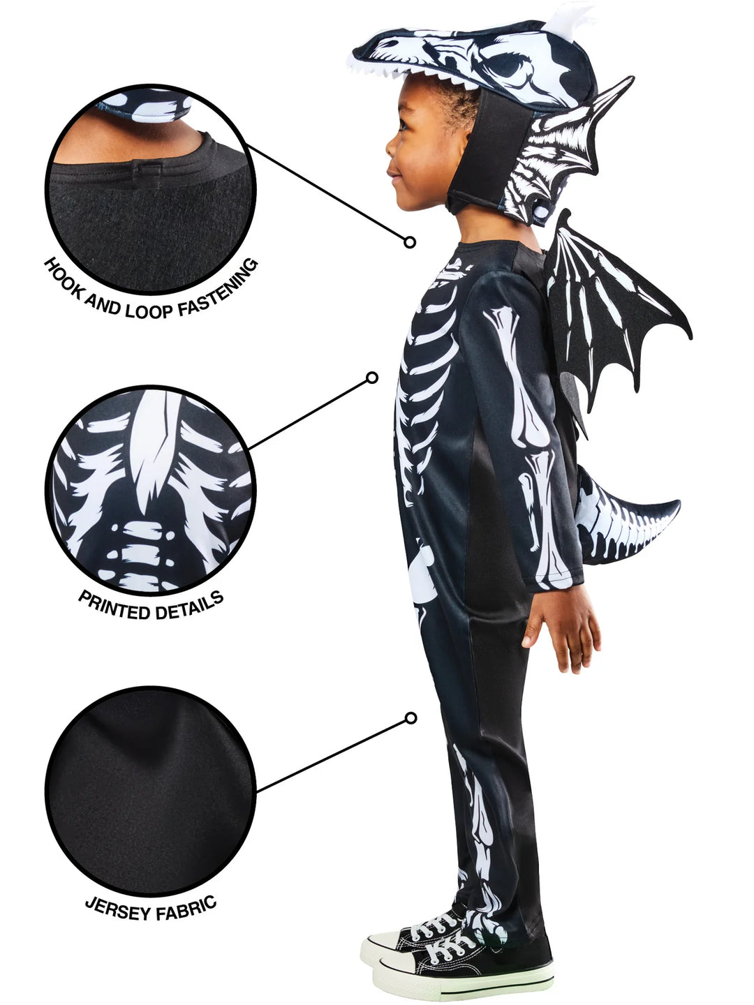 Skeleton Dragon Costume for Kids Jumpsuit Headpiece Wings Tail