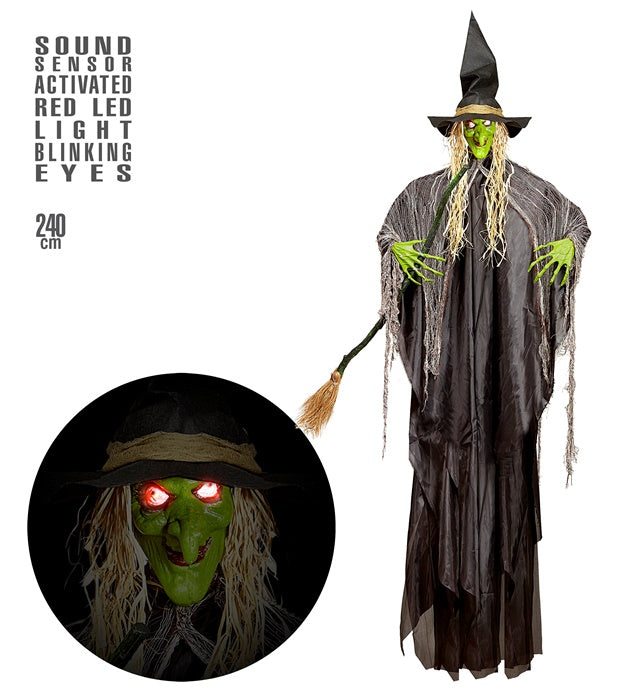 Witch With Broom & Intermittent Blinking Red Led Light Eyes  240 Cm 