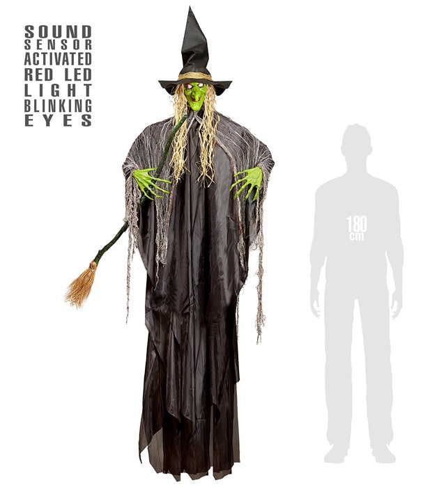 Witch With Broom & Intermittent Blinking Red Led Light Eyes  240 Cm 