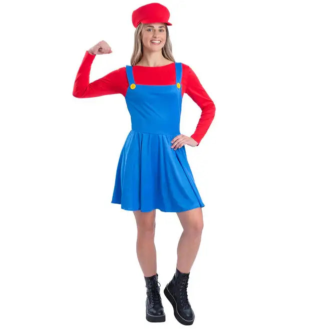 Red Plumber Costume Super Mario Ladies Outfit 1