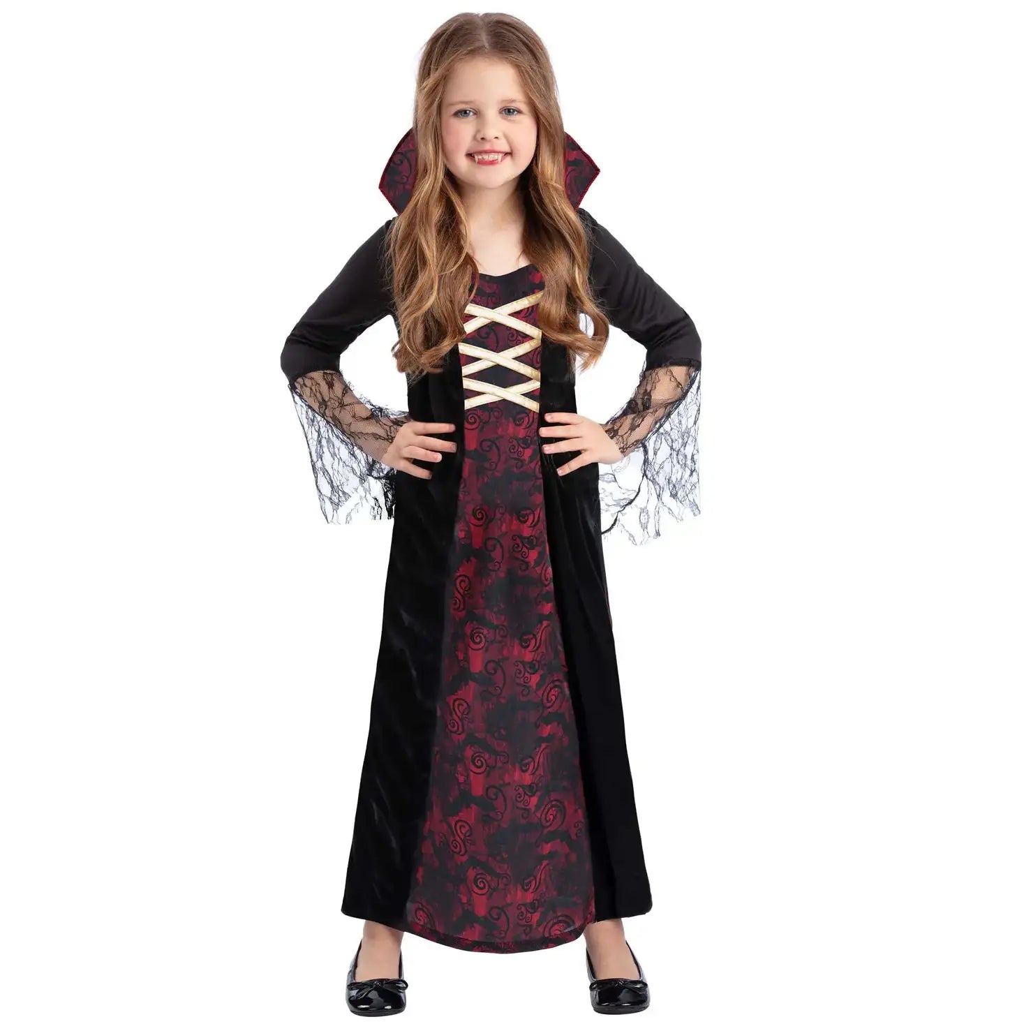 Vampiress Costume Dress with Attached Collar for Girls 1