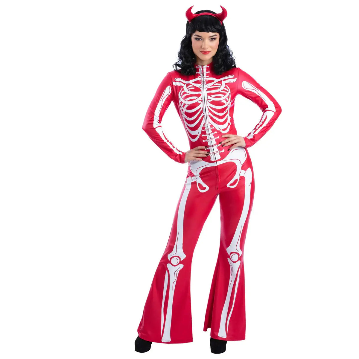 Fever Devil Skeleton Costume Red Printed Flared Jumpsuit 1