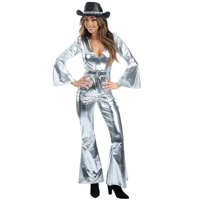Sterling Silver Diva Costume Metallic Flared Jumpsuit and Belt Women