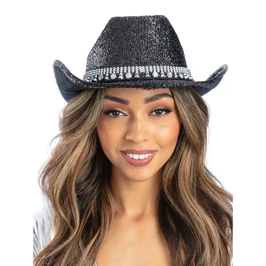 Black Bling Rhinestone Cowboy Hat with Cord and Toggle