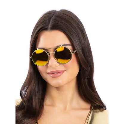 Metallic Gold Flip Up Mirrored Round Specs