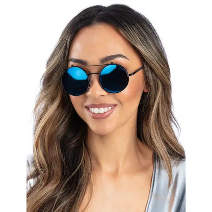 Metallic Blue Flip Up Mirrored Round Specs