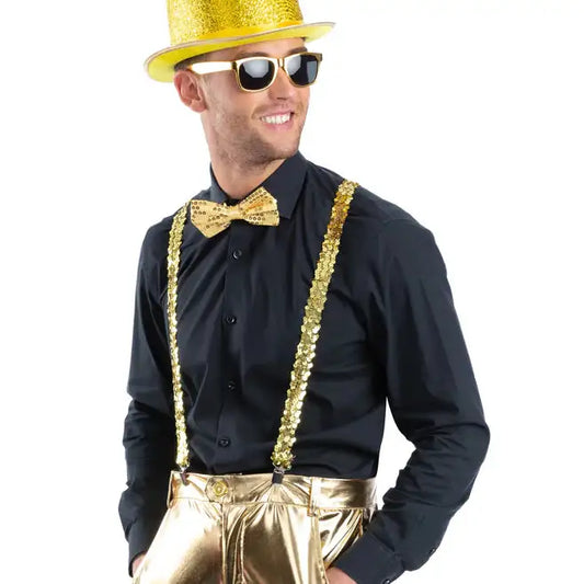 Metallic Gold Sequin Party Set Braces Bow Tie Specs