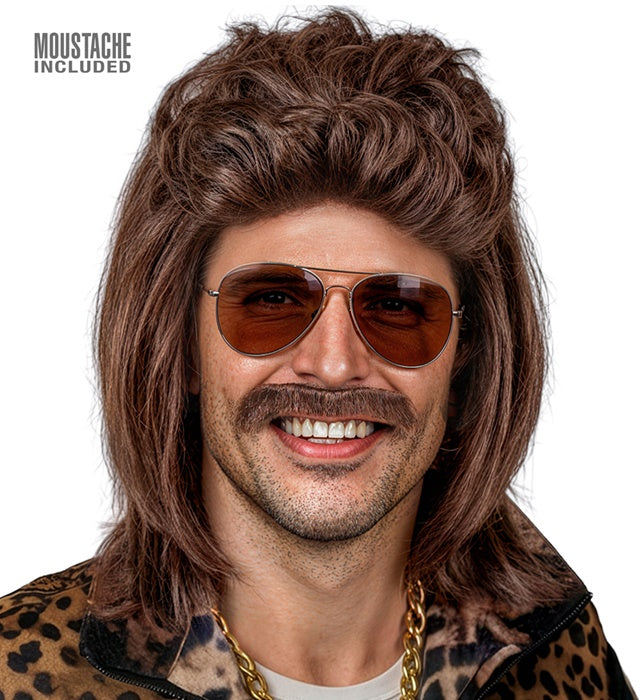 Wig With Moustache Mullet Brown In Box