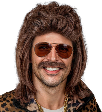 Wig With Moustache Mullet Brown In Box