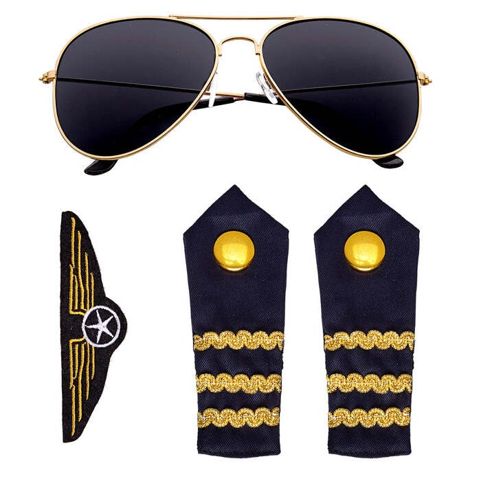 Pilot Set  Glasses, Epauletten, Aviator Pin 