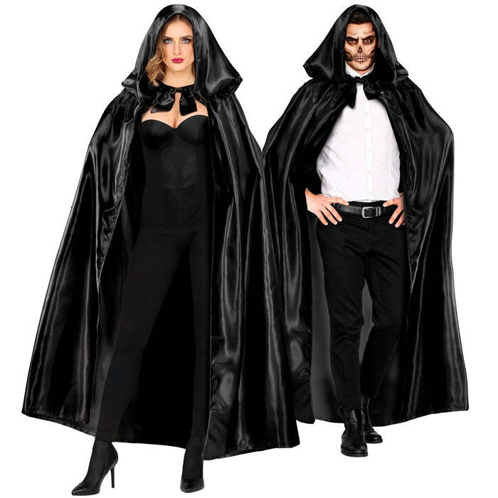Black Satin Hooded Cape 145 Cm