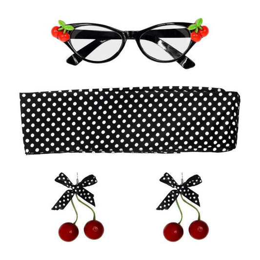 50'S Cherry Set  Glasses, Earrings, Scarf 