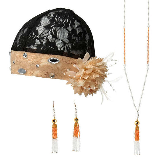 The Roaring 20S  Lace Headpiece With Flower, Pair Of Beaded Earrings, Beaded Neckalce 