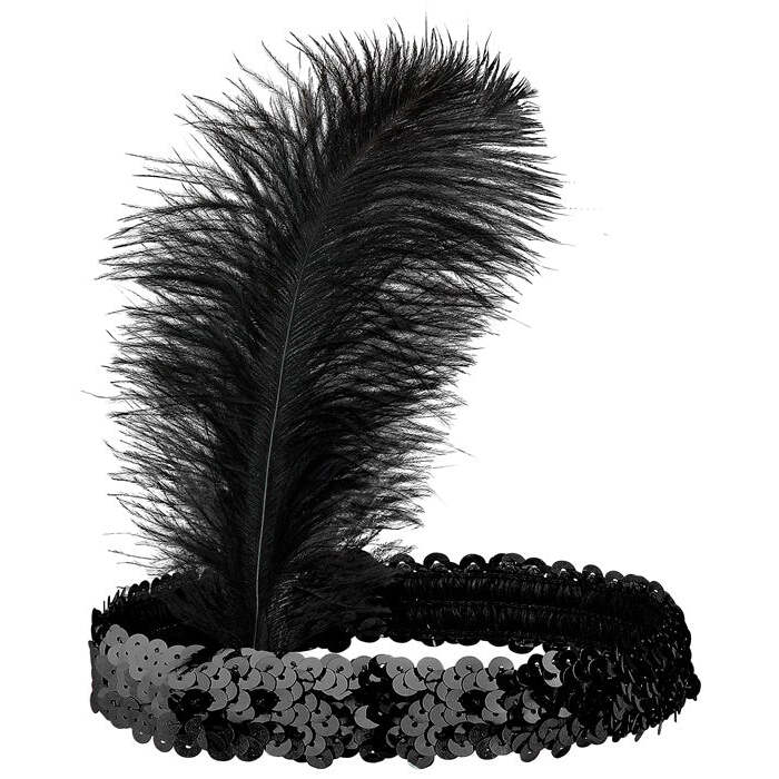 Black Sequin Headband With Feather