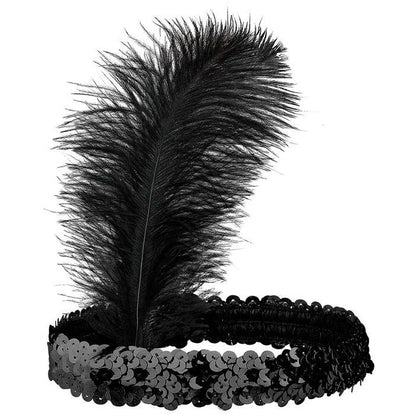 Black Sequin Headband With Feather