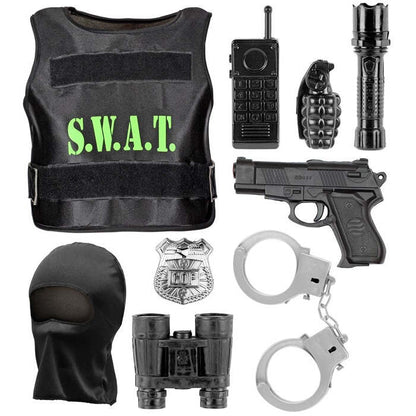 S.W.A.T.  Bulletproof Vest, Mask, Badge, Gun, Handcuffs, Radio, Flashlight, Hand Grenade, Binoculars 