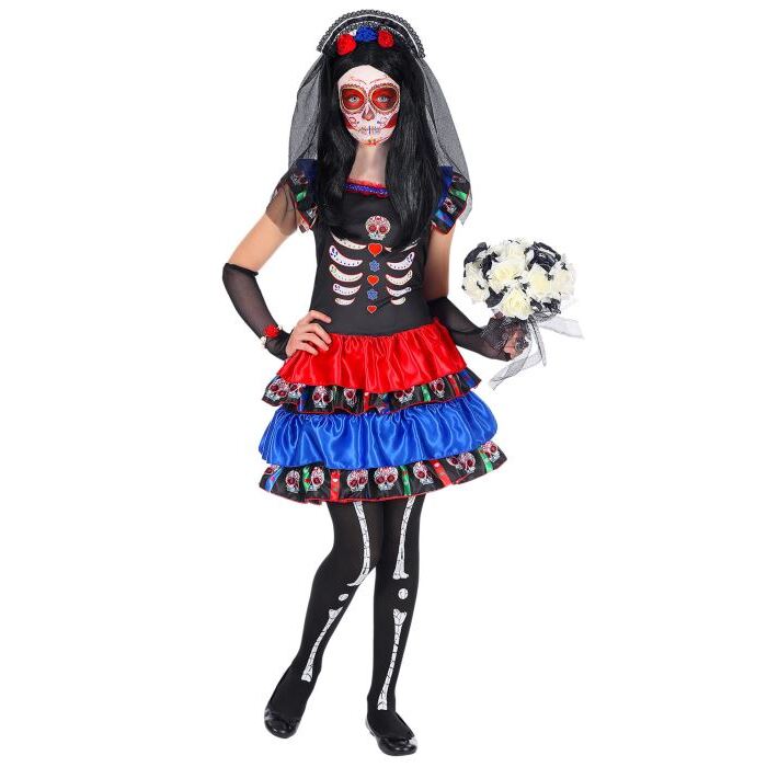 Mujer Dia De Los Muertos  Dress, Arm Warmers, Headpiece With Veil 
