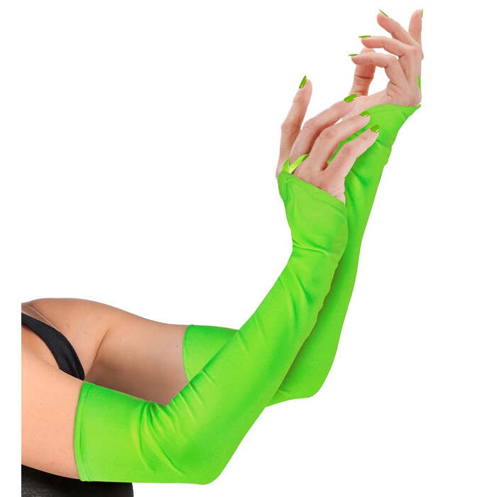 Neon Green Fingerless Satin Gloves - 43 Cm