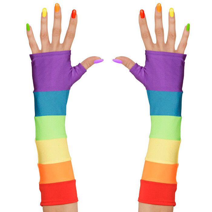 Rainbow Fingerless Satin Gloves - 33 Cm