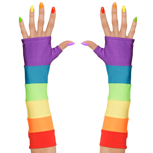 Rainbow Fingerless Satin Gloves - 33 Cm