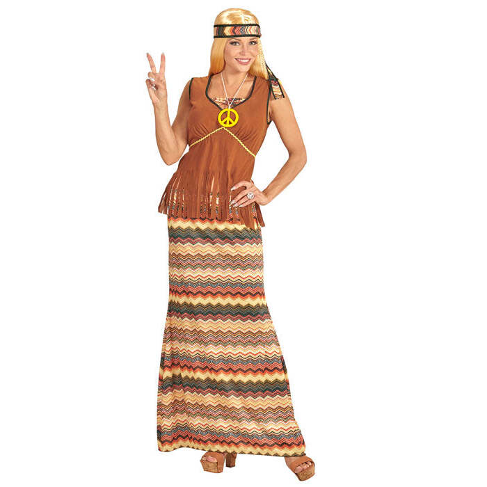 Hippie Woman  Top With Vest, Skirt, Headband, Peace Sign Necklace 