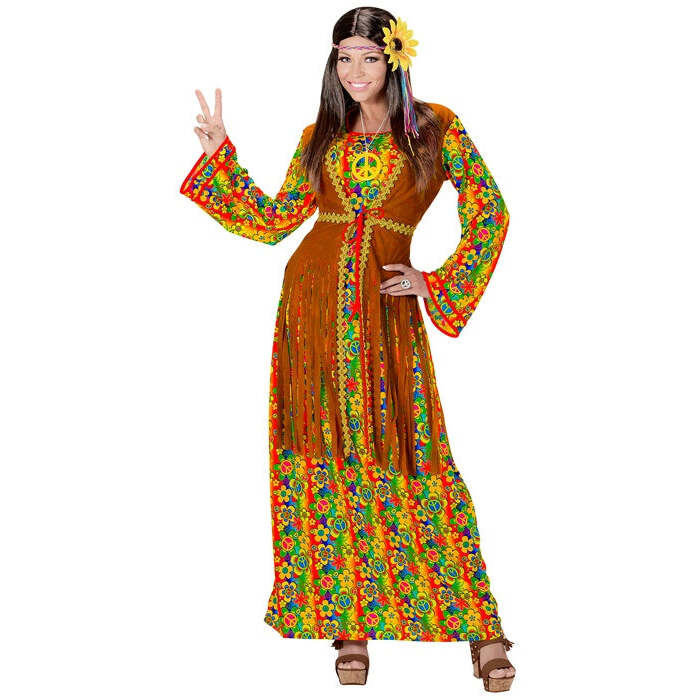 Hippie Woman  Dress With Vest, Peace Sign Necklace 