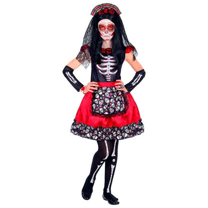 Mujer Dia De Los Muertos  Dress, Arm Warmers, Headpiece With Veil 