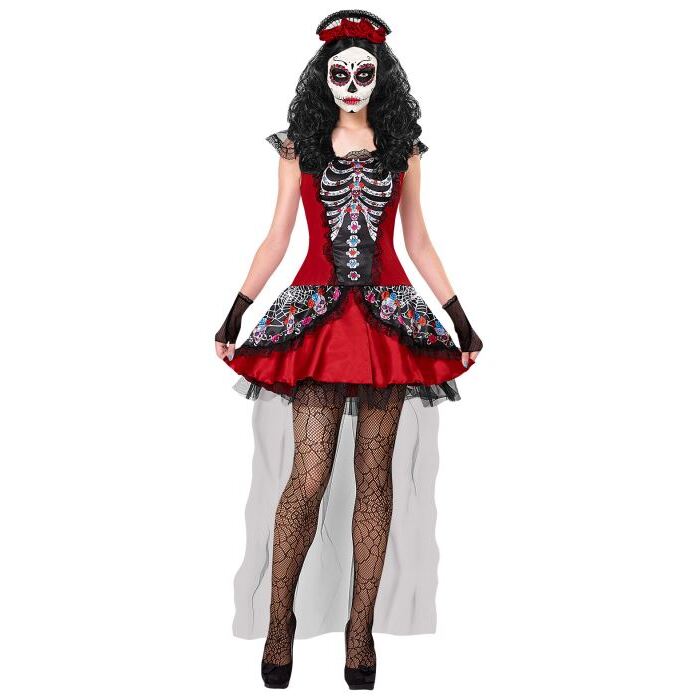 Mujer Dia De Los Muertos  Dress, Fingerless Gloves, Headpiece 