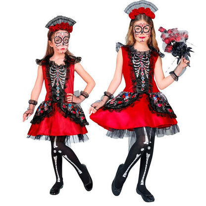 Mujer Dia De Los Muertos  Dress, Fingerless Gloves, Headpiece 
