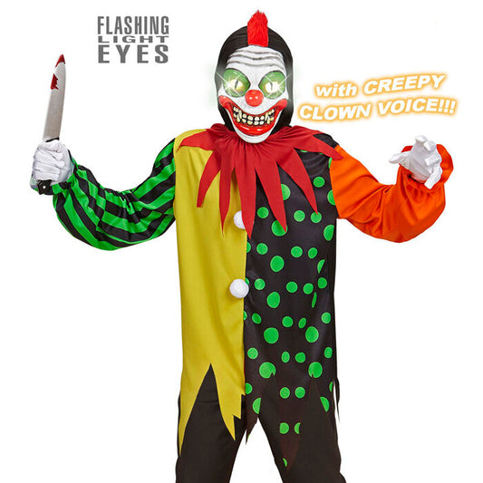 Horror Clown  Hooded Coat, Collar, Mask With Flashing Light Eyes & 3 Evil Clown Voice Sounds 