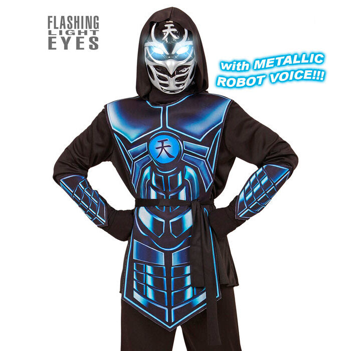 Cyber Ninja  Hooded Coat, Tabard, Belt, Arm Guards, Mask With Flashing Light Eyes & 3 Robot Voice Sounds 