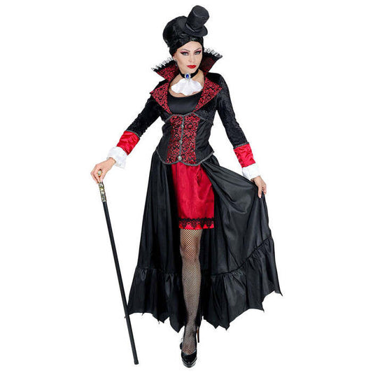 Vampiress  Dress With Long Coat, Choker With Jabot, Mini Top Hat 