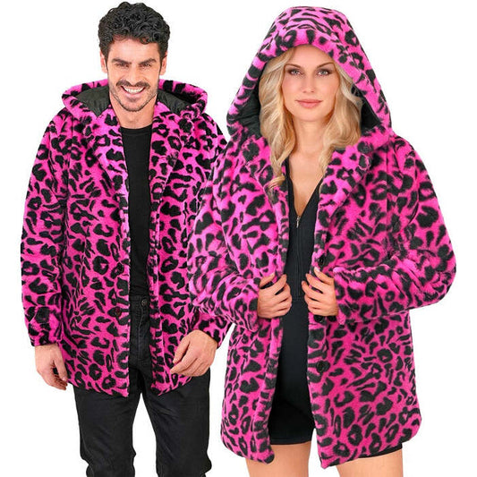 Neon Pink Animalier Leopard Plush Hooded Coat