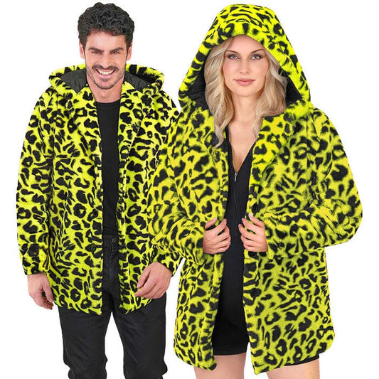 Neon Yellow Animalier Leopard Plush Hooded Coat