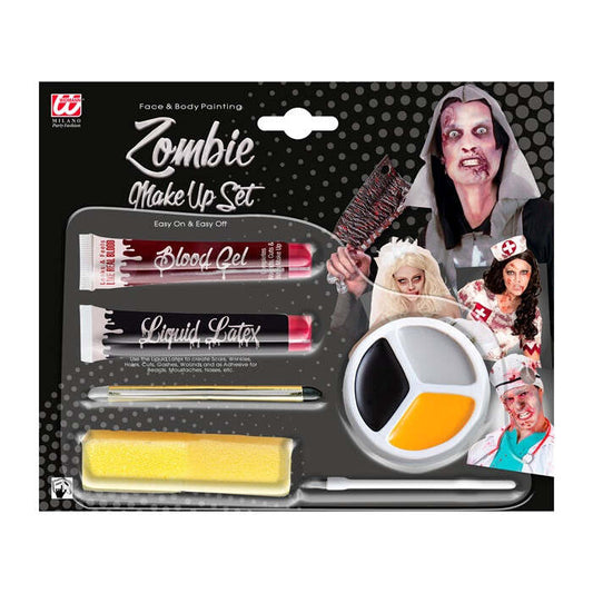 Zombie Make-Up Kit  Liquid Latex 10 Ml, Blood 10 Ml, Black & Grey Pencil 4,8 Ml, Tricolor Makeup 4,5 Ml In Tray, Applicator, 2 Sponges 
