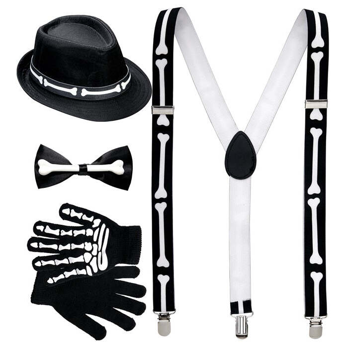 Skeleton  Bone Braces, Bow Tie, Gloves & Hat 