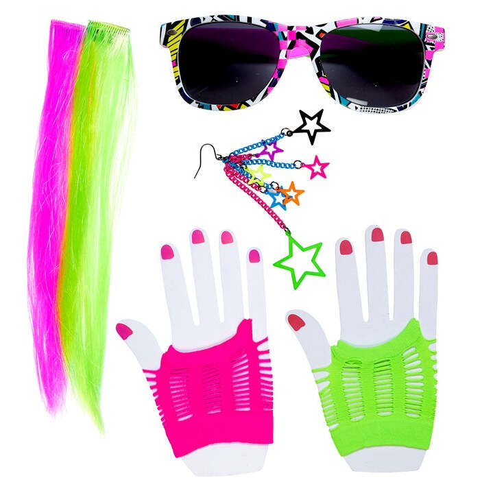 80'S Girl  2 Neon Hair Extensions, Earring, Gloves & Glasses 