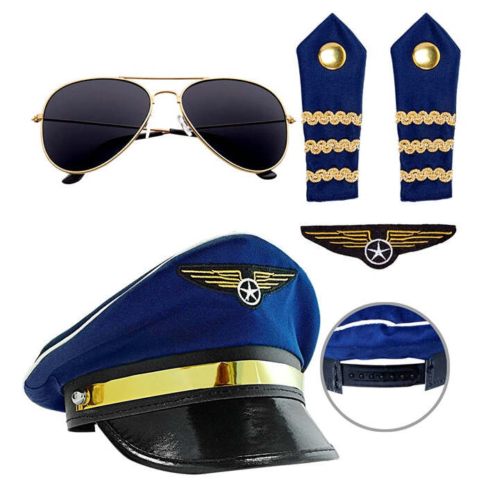 Pilot Set  Hat, Glasses, Epauletten, Aviator Pin 