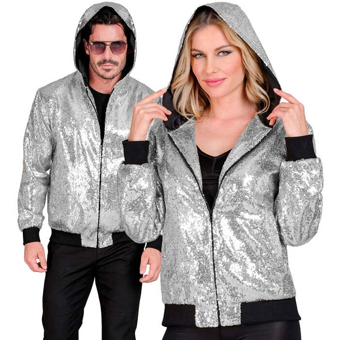 Party Fashion Hooded Bomber  Silver Sequin Hooded Bomber 