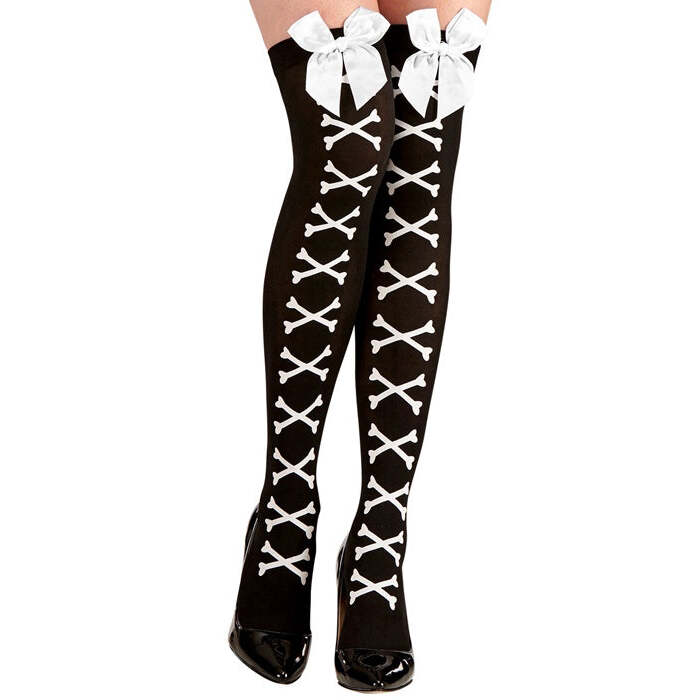 Cross Bones Thigh Highs With White Satin Bow 70 Den