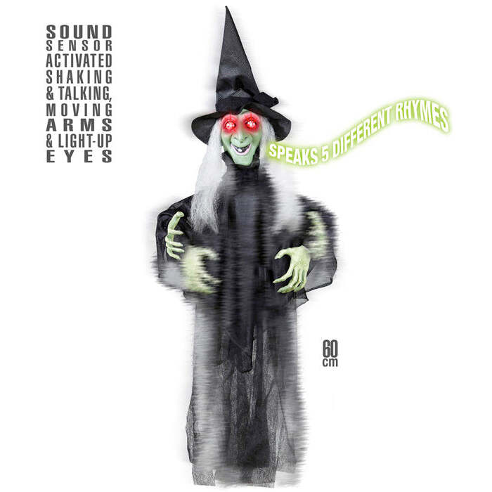 Sound Sensor Activated Animated Shaking & Talking Witch With Moving Arms & Light-Up Eyes 60 Cm - Speaks 5 Different Rhymes 