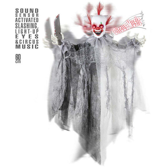 Sound Sensor Activated Animated Slashing Killer Clown With Knife, Light-Up Eyes And Circus Music 60 Cm