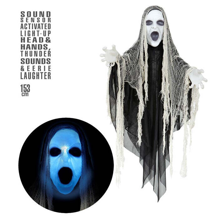 Sound Sensor Activated Sinister Reaper With Light-Up Head & Hands, Thunder Sounds And Eerie Laughter 153 Cm 