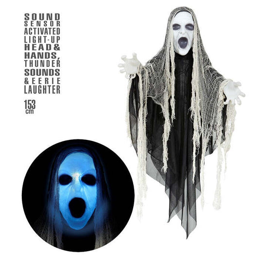 Sound Sensor Activated Sinister Reaper With Light-Up Head & Hands, Thunder Sounds And Eerie Laughter 153 Cm 