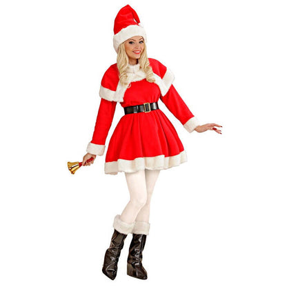 Super Deluxe Miss Santa  Dress, Belt, Capelet, Boot Covers & Hat With Plush Trim 
